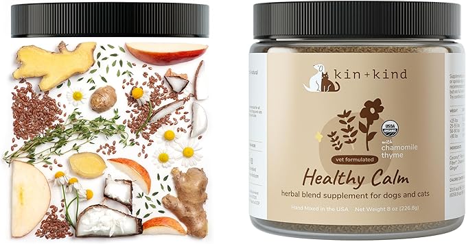 kin+kind Healthy Calm Supplement for Dogs & Cats - Vet Formulated Natural Formula with Organic Chamomile, Thyme, Apple Pomace, Ginger and Coconut- Made in USA - 8 oz (Large)