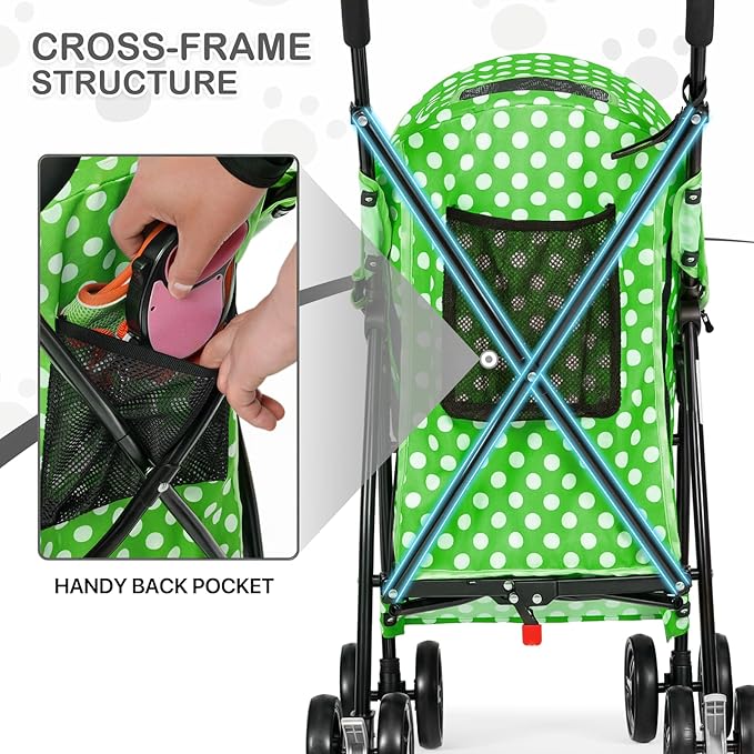 MoNiBloom 4 Wheels Pet Stroller, Easy-Fold Umbrella Shaped Dog Cat Jogger Stroller w/Storage Bag & Visible Mesh for Small/Medium Dogs Cats Lawn Green Polka Dots