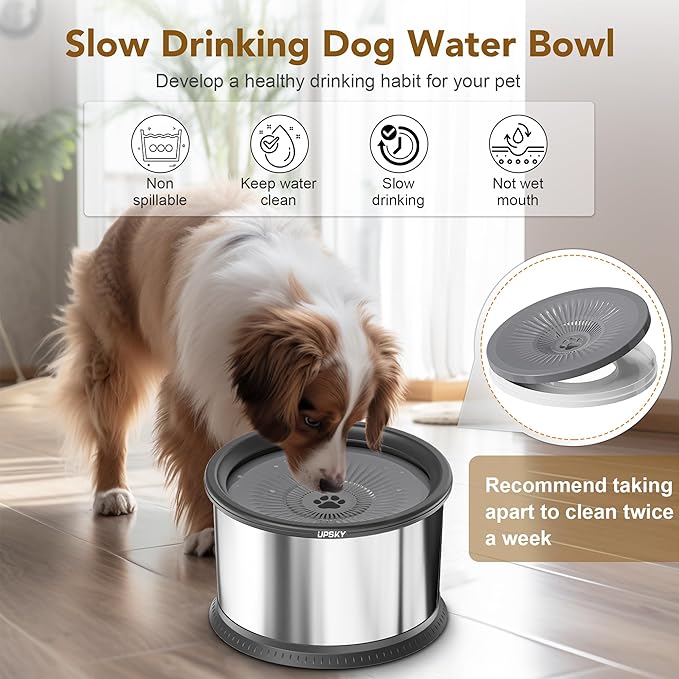UPSKY 3.5L Dog Water Bowl,Large Capacity No Spill Dog Water Bowl,Stainless Steel Spill Proof Slow Water Feeder,No Splash Water Bowl with Anti-Slip Mat for Messy Drinkers Grey
