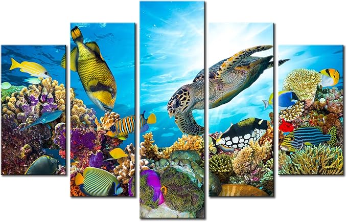 Xlarge 5 Piece Underwater World Canvas Wall Art Painting Sea Turtles Tropical Fish Swim on Coral Reef in the Sea Ocean Picture Prints Kids Room Wall Decor Stretched and Framed Ready to Hang 40x60inch