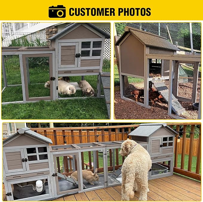 Aivituvin Large Rabbit Hutch Indoor Bunny Cage Outdoor with Run Chicken Coop Guinea Pig House with Waterproof Asphalt Roof,No Leakage Pull Out Tray (103.2" L x 25.2" W x 36.2" H,Brown-2 Sets)