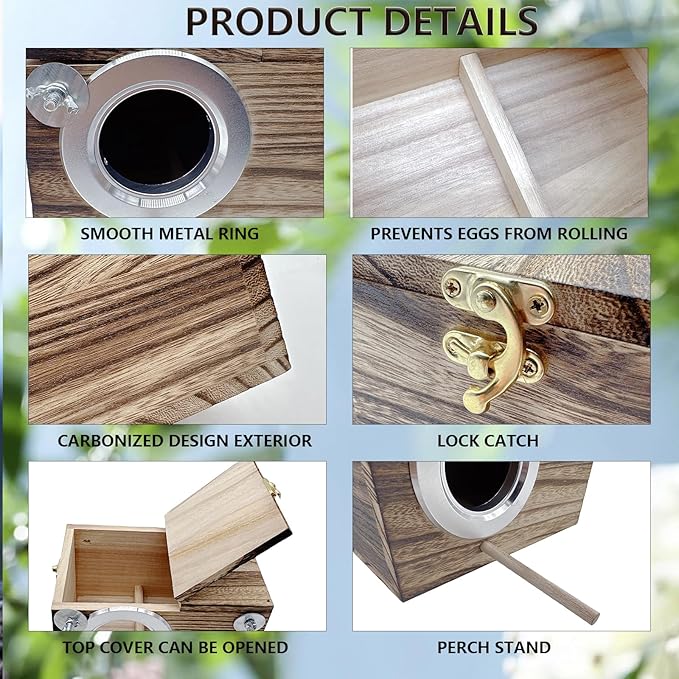 kathson Parrots Nesting Box Parakeet Nest House for Cage Budgie Breeding Hut with Coconut Fiber Bedding Wooden Bird Mating Box for Lovebirds and Small Parrot Birds
