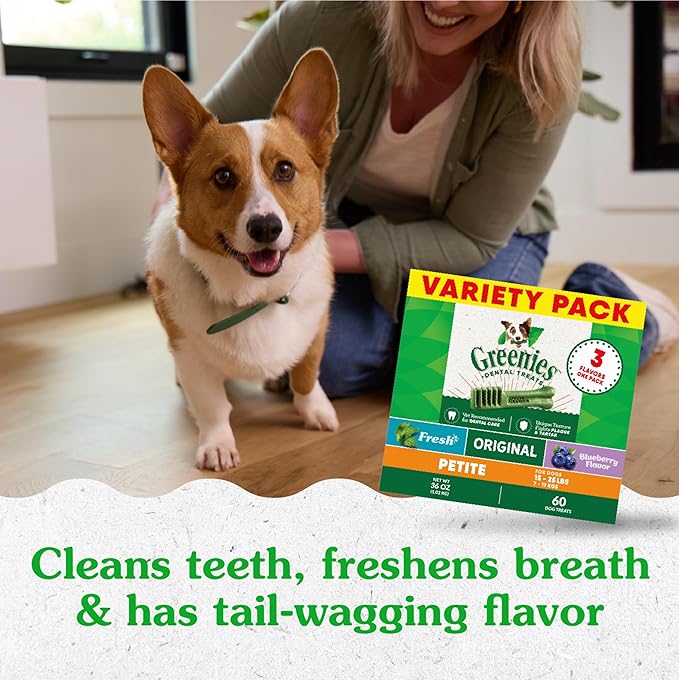 Greenies Petite Dental Dog Treats, 3-Flavor Variety Pack, (3) 12 oz. Pouches, 60 Total Treats