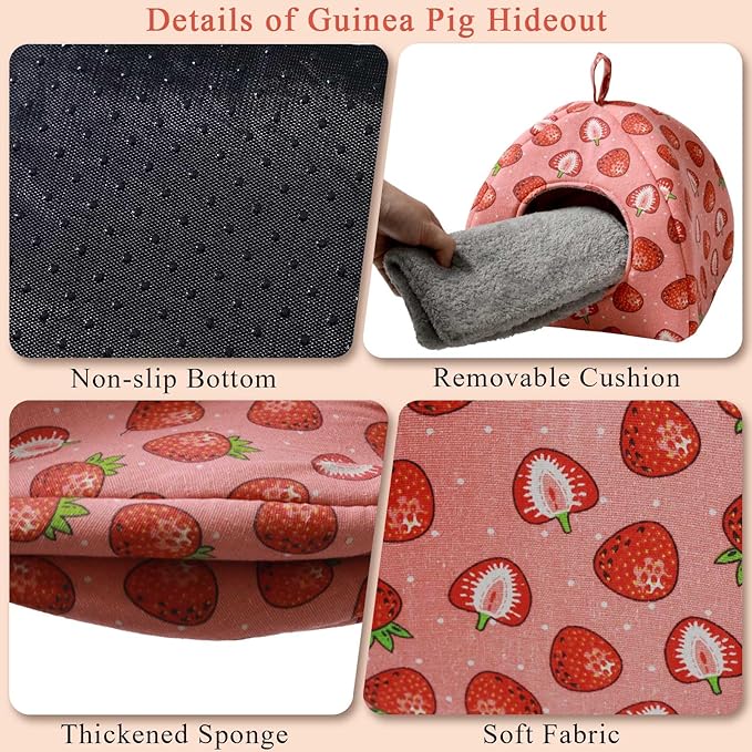 JSPYFITS Guinea Pig Hideout Bed Rabbit House Cave Accessories Cozy Hide-Out Guinea Pig Bed Washable Cage for Small Pet Hamster Ferret Rabbit Bunny Pink Strawberry