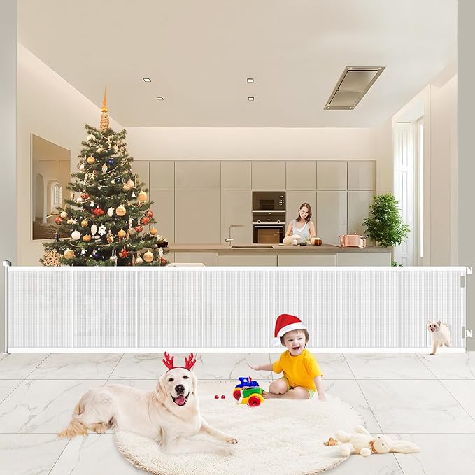 Pawtners Retractable Baby Gates Extra Wide, 41" Tall Extends up to 120" Wide, Dog Gate Indoor with Cat Door for Stairs, Pet Gate with Support Rods for Doorways Hallways Indoor & Outdoor-White