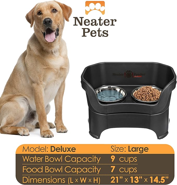Neater Pet Brands Neater Feeder Deluxe Mess Proof Dog Bowls Elevated for Large Dogs Over 40 lbs, Made in USA, No Spill Raised Dog Food Bowl Stand Feeding Station, Food and Water Bowl Set, Black