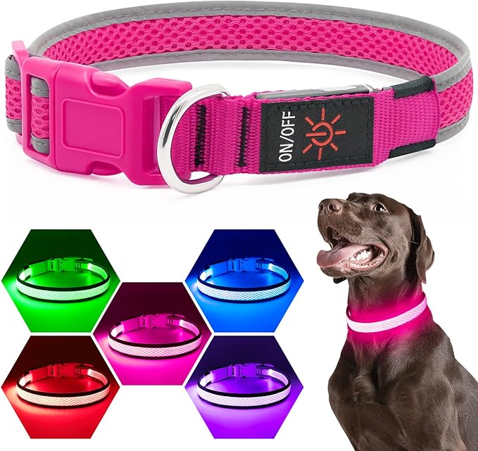 Flashseen LED Dog Collar, USB Rechargeable Light Up Dog Collar Lights, Adjustable Comfortable Soft Mesh Safety Pet Collar for Small, Medium, Large Dogs (Large, Candy Pink)