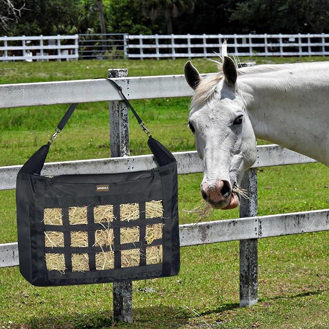 Hay Bag for Horses,Slow Feeder for Horse/Donkey/Goat, Premium 1680D Oxford Cloth,Easy to Fill and Hang with Extra Large Opening（Black）