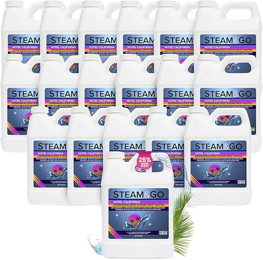 Steam & Go Deminerilized Water - Multi-Surface Cleaner for Steam Cleaners, Hardwood Floors, Kitchens, & Bathrooms - Germ-Killing Formula - Hotel California Scent - 32 Ounces (Pack of 18)
