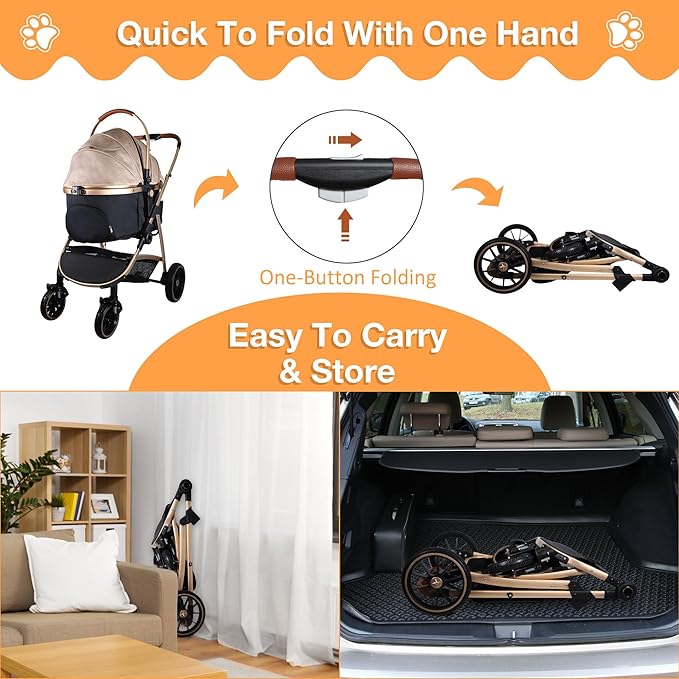 Dog Stroller for Small Medium Dogs, 3 in 1 Folding Pet Stroller Up to 33 lbs, 4 Wheels Pet Strolling Cart with Zipperless Entry, Cat Dog Travel Carrier with Cup Holder & Storage Basket