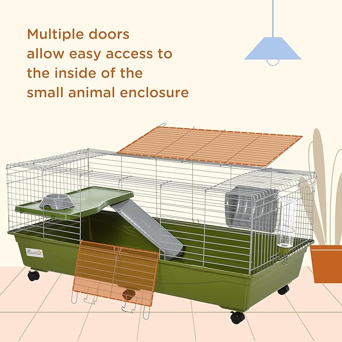 PawHut 47" L Small Animal Cage, Rolling Bunny Cage, Guinea Pig Cage with Food Dish, Water Bottle, Hay Feeder, Platform, Ramp for Chinchilla, Green