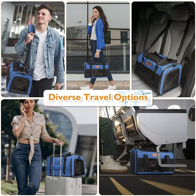 PETUX Pet Carrier Airline Approved, 17"x11"x9.5" Portable Cat Carrier Soft with Anti-Scratch Mesh for Small Cats up to 12 lb, Top Open Breathable Dog Carriers for Puppy up to 10 lb (Blue)