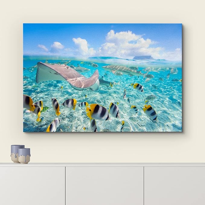 wall26 Canvas Print Wall Art Stingray & Striped Fish Under The Sea Nature Ocean Photography Realism Nautical Scenic Relax/Calm Multicolor Ultra for Living Room, Bedroom, Office - 12"x18"