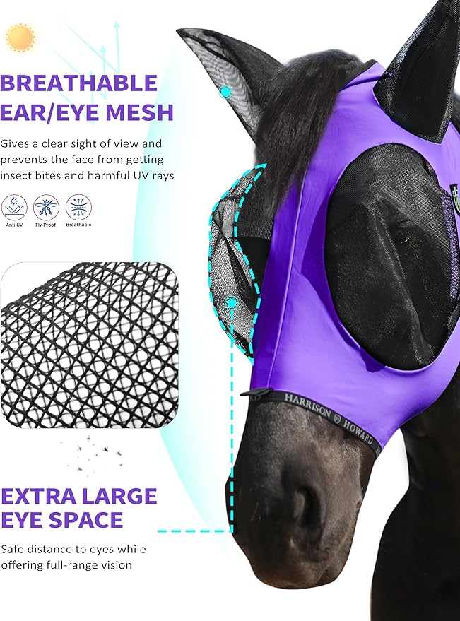 Harrison Howard Horse Fly Mask with Forelock Opening Stretch Breathable and Comfortable for Horses UV -Protection Purple M
