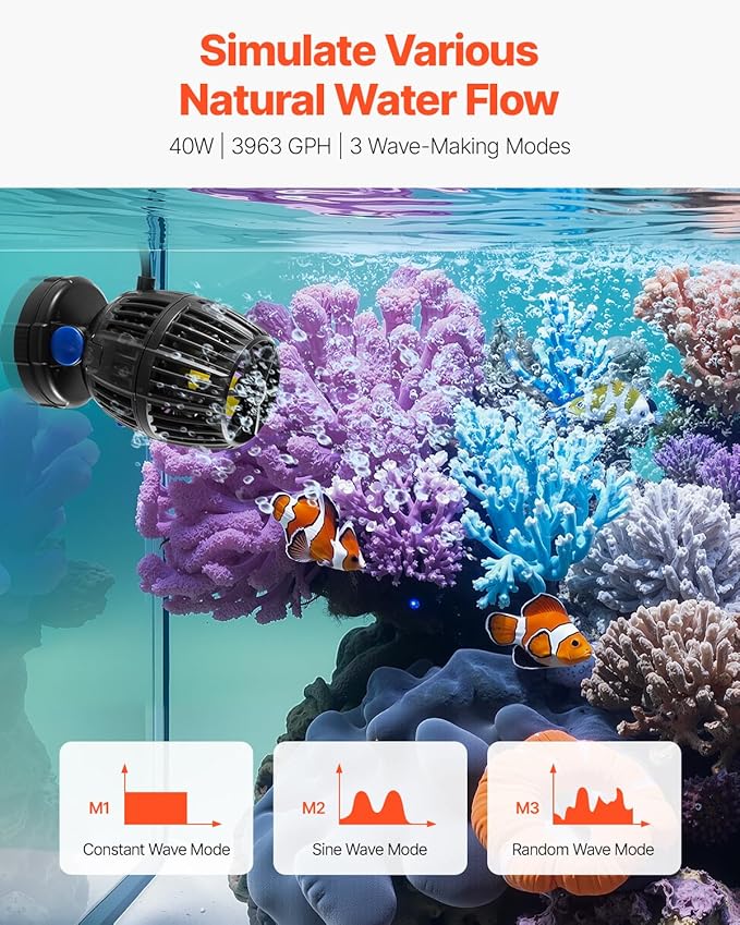 VEVOR Aquarium Wave Maker, 40W, 3963 GPH Quiet and Strong DC Powerhead, Adjustable Fish Tank Circulation Pump with Controller, Strong Magnetic Base, 360° Rotating Wavemaker, for Freshwater Saltwater