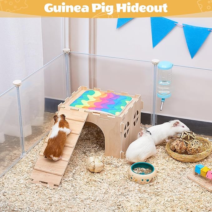 Guinea Pig Hideout, Guinea Pigs House with Stairs and Mats Extra Large Guinea Piggy Castle Detachable Hideouts for Small Animals Wooden Guinea Pig Habitats with Multiple Doors and Windows