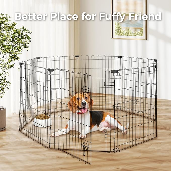 Foldable Dog Playpen 30" Height 8 Panels Metal Exercise Pen with Door - Indoor/Outdoor Puppy Playpen for Small Dogs, Portable Pet Fence for Yard Garden Camping, Black