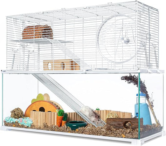 OIIBO 3 Tiers Large Hamster Cages, Glass Hamster Cage Habitat with Openable Wire Topper, Gerbil Cage with Two Ladders Ramps and Removeable Waterproof PVC Tray, Easy to Clean