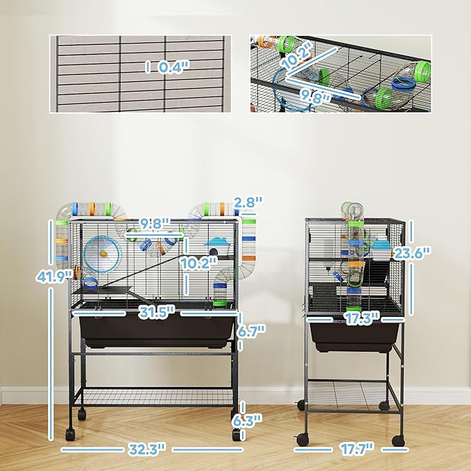 PawHut Hamster Cage with Deep Tray, 3 Tier Rolling Rat Cage with Storage Shelf, Big Exercise Wheel, Tube System, Hut, Platforms, Ramps, Food Dish, Water Bottle, for Syrian, Gerbil, Mouse