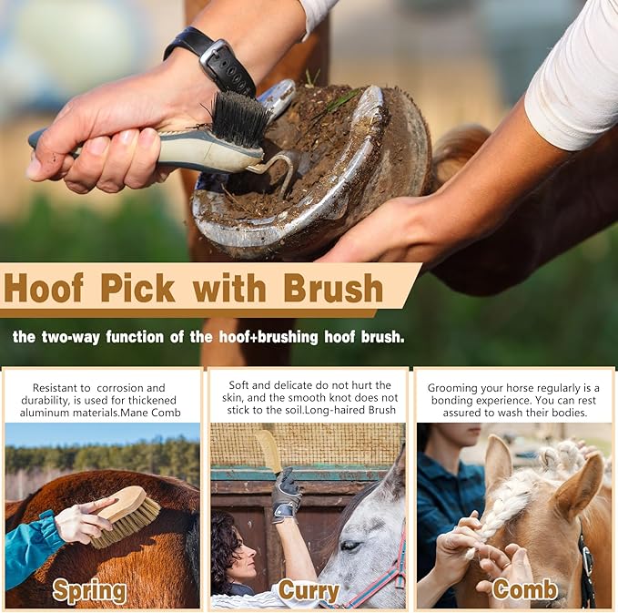 Abbylike 12 Pieces Horse Grooming Kit Racing Festival Tack Room Supplies Horse Brush Sets Equine Care Cleaning Kit Shedding Grooming Massaging Tools(Khaki)