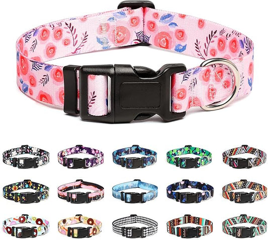 Mercano Adjustable Dog Collar - Special Design Patterns, Soft Nylon Comfortable Durable Pet Collar for Small Medium Large Dogs (S, Rose)