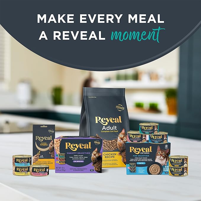 Reveal Entrées Natural Wet Cat Food Paté, Grain-Free with Added Vitamins & Minerals, Carrageenan-Free Fish Variety Selection Paté (12 x 2.47 oz Cans)