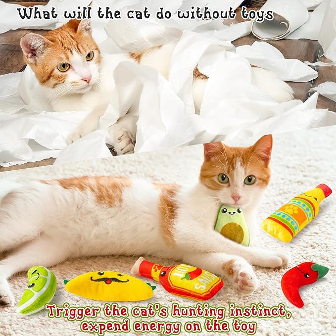 L1rabe Mexican Catnip Stuffed Toys - Hispanic Heritage Month 6Pcs Funny Cat Toys for Cat Lovers Gifts, Carnival Sause Avocado Indoor Kitten Chew Bite Kick Interactive Pet Supplies Kitten Birthday Gift