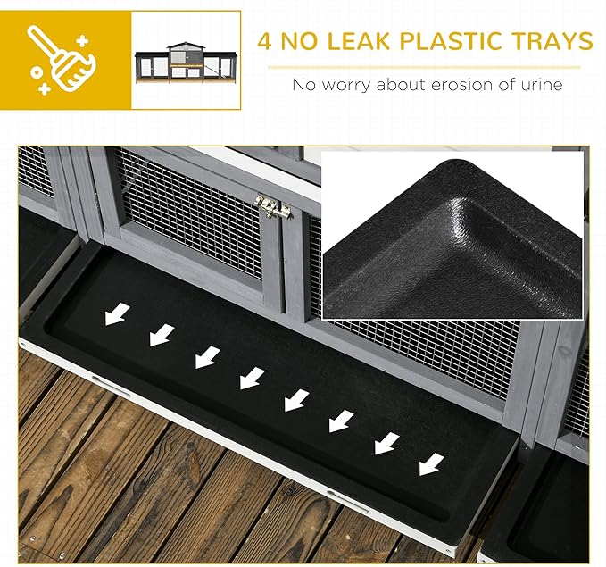 PawHut 90.5" Wooden Rabbit Hutch Bunny Cage Pet Playpen House Enclosure with Double Side Run Boxes, No Leak Tray, Ramp, for Guinea Pig and Small Animals, Light Gray