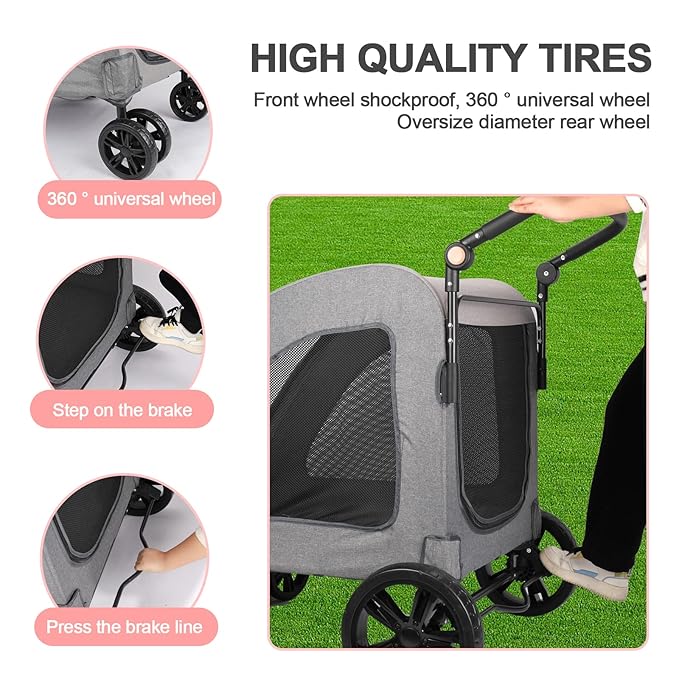 Large Dog Travel Stroller with 4 Heavy Duty Wheels Pet Stroller with Adjustable Handle - Double Doggie Capacity Jogger Wagon with Back Front Door for Small Medium Large Dogs (Dark Light Gray)