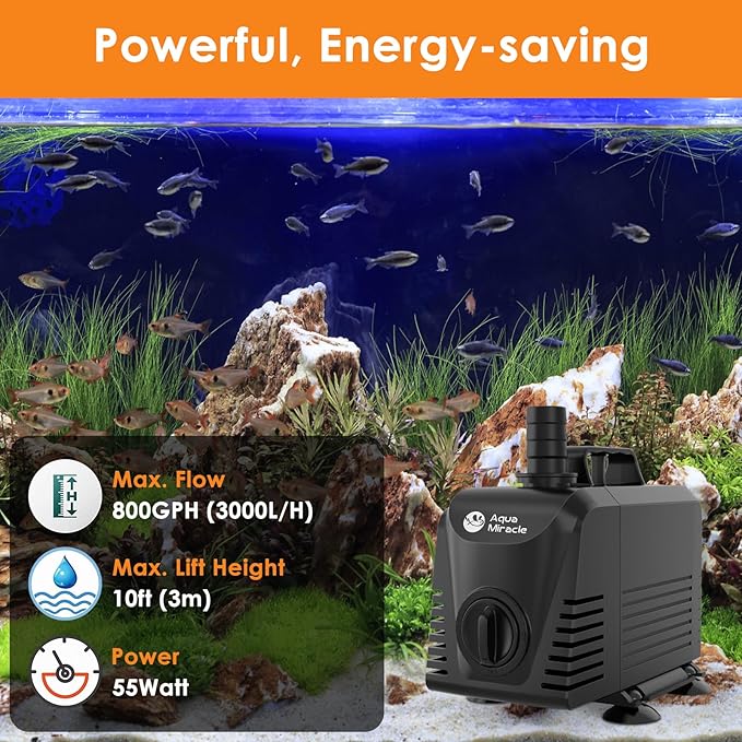 AquaMiracle Submersible Water Pump Aquarium Water Pump with Flow Control, Pond Pump Fountain Pump for Pond, Fountain, Waterfall, Statuary, Water feature, Hydroponics (800GPH, 55W)