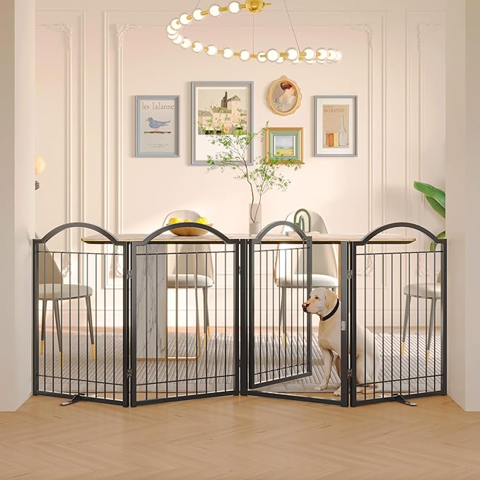 BHG Metal No-Assembly Freestanding Dog Gate with Door Walk Through, Extra Wide 96", Extra Tall 32" Pet Gate, Accordion Puppy Folding Playpen Dog Fence, with 2PCS Support (Black, 4 Panels)