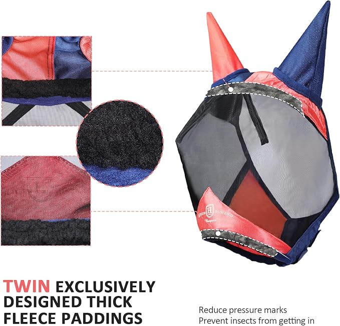 Harrison Howard Pro Luminous Horse Fly Mask Large Eye Space Half Face with Ears UV Protection for Horse Coral Orange/Navy XL