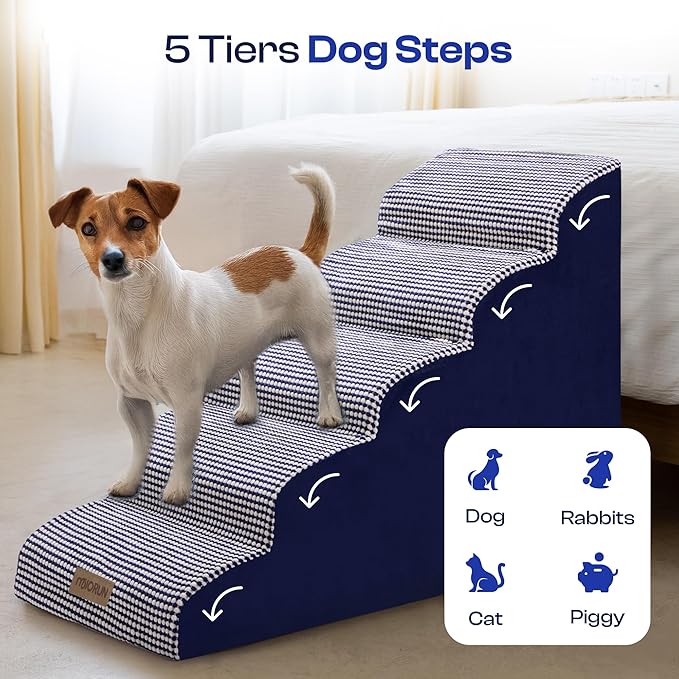 Curved Dog Stairs for High Bed Up to 26", 5-Step Dog Ramp for Small Dogs with Washable Cover, Non-Slip Steps for Cats to Get on Couch and Sofa, Durable Foam Ladder for Medium Breeds, White Navy