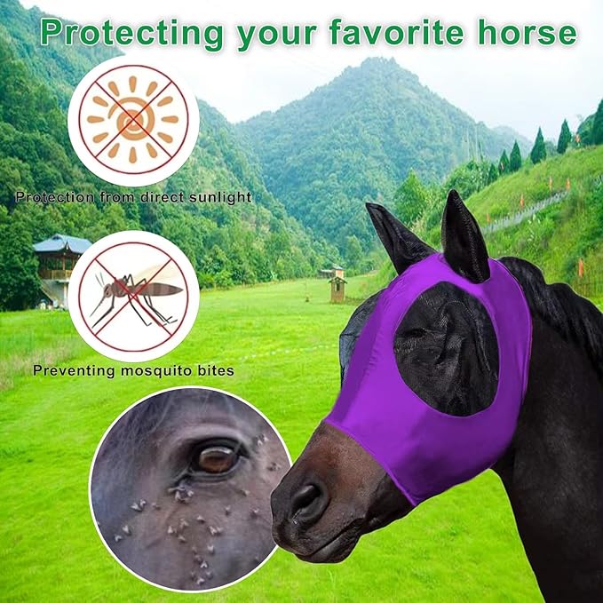 Horse Fly Mask with Ears, Comfortable Fit Stretch Fabric with UV Protection Soft on Skin Breathability for Small/Medium Size Horses (Purple)