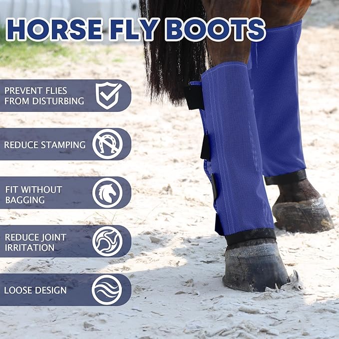 Premium 4-Pack Horse Fly Boots & Leggings Loose-Fit Fine Mesh with Stay-On Fasteners, Support Strips & Anti-Stomp Design Breathable Non-Slip Protection Leg Wrap (Large) Royal Blue