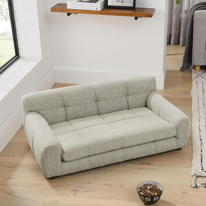 Dog Couch Bed, Mini Sofa for Dogs with Backrest and Armrest, Durable Pet Sofa with Soft Foam Cushion, Elevated Dog Couch Bed with Legs for Medium and Large Dogs, Beige