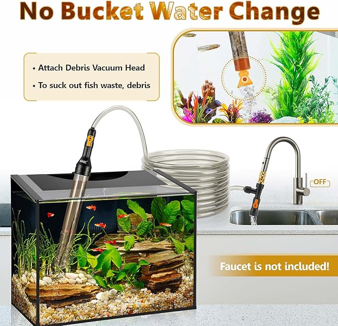 hygger Bucket-Free Aquarium Water Change Kit Metal Faucet Connector Fish Tank Vacuum Siphon Gravel Cleaner with Long Hose 33FT Drain & Fill