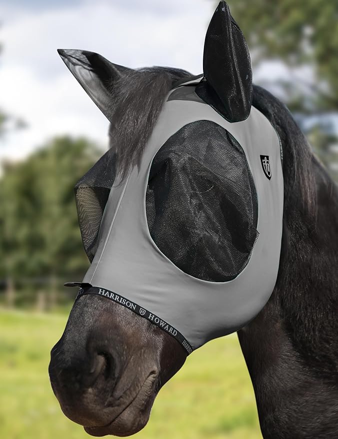 Harrison Howard Horse Fly Mask with Forelock Opening Stretch Breathable and Comfortable for Horses UV -Protection Grey M
