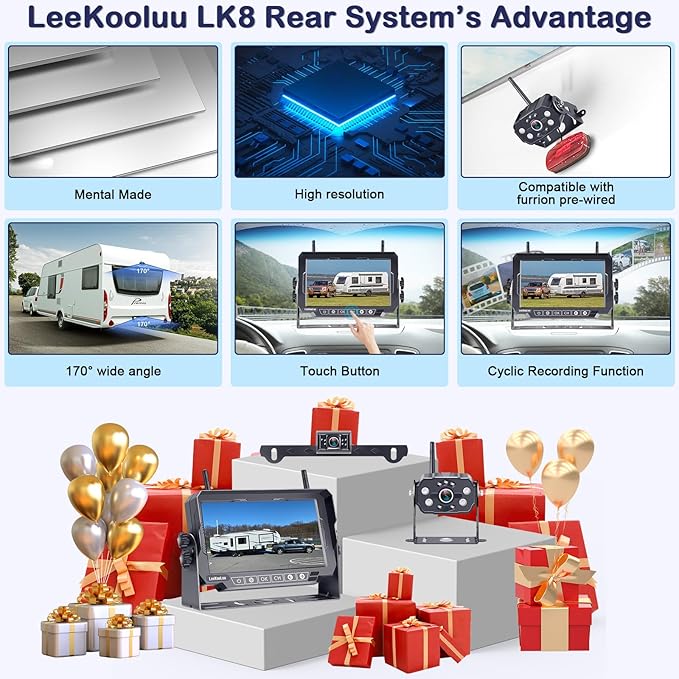 Dual RV Backup Cameras Wireless - Ease Install Plug-Play Recording HD 1080P 7'' Touch Key Monitor Trailer Truck Rear View Cam Night Vision Signal No-Delay 4 Channels for Furrion Pre-Wired Mount