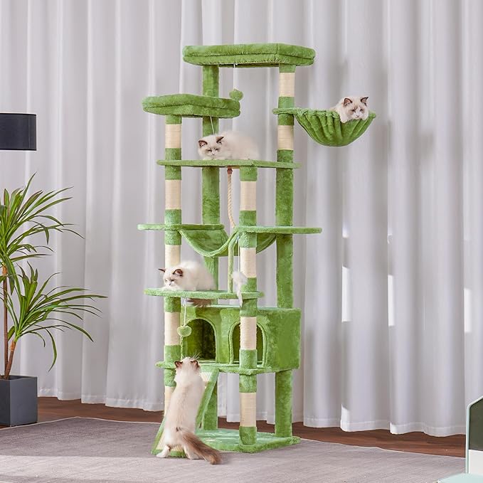 Heybly Tall Cat Tree,78 inch Multi-Level Cat Tower for Indoor Cats, 2 Widened Plush Perches Cat Condo with Scratching Board and Big Caves, Green HCT033GR