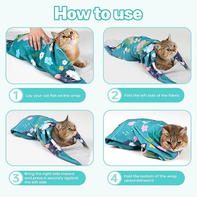 Cat Grooming Wrap, Cat Wrap for Cutting Nails, Self-Adherent Fabric Wrap for Cats, Cat Burrito Wrap Anti-Scratch, Anti-Escape, Multifunctional Swaddle Wrap Pet Tool 35.4×35.4"