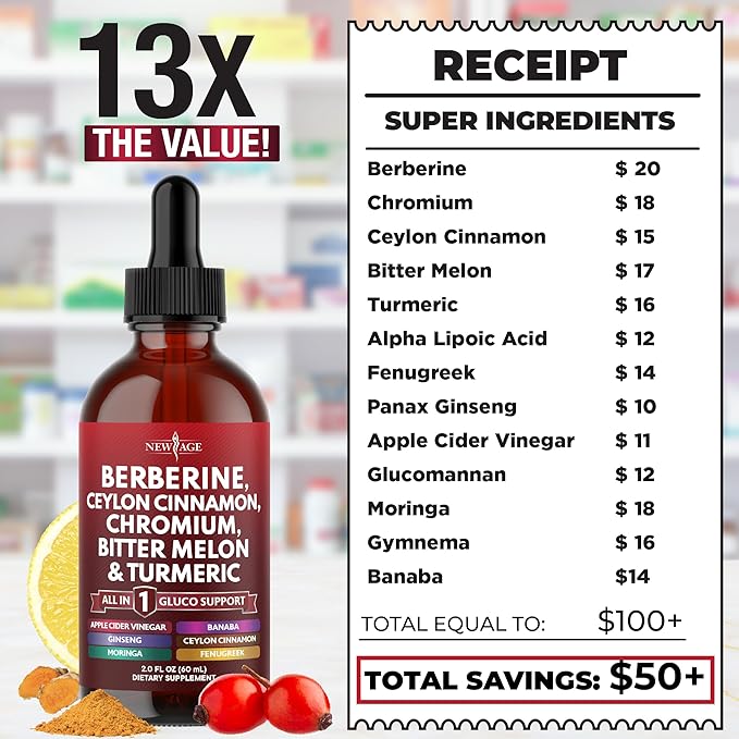 Berberine with Ceylon Cinnamon Supplement Liquid Drops + Bitter Melon Extract, Glucomannan, Gymnema, Chromium, Turmeric, Panax Ginseng, Moringa- 8 OZ