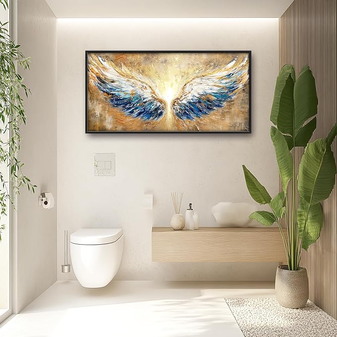 Extra Large Angel Wings Framed Wall Art for Living Room,Oversized Golden Wings Pictures Wall Decor,Holy Gold Blue Canvas Print Painting Modern Artwork Bedroom Office Bathroom 60L" x 30W"