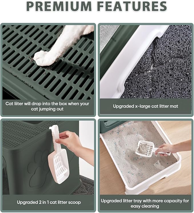 Cat Litter Box with X-Large Litter Mat and Scoop, Large Foldable Litter Box with Lid, Enclosed Kitty Box,Front Top Entry Exit, Odor Control Easy to Clean (Upgrade Olive Green)