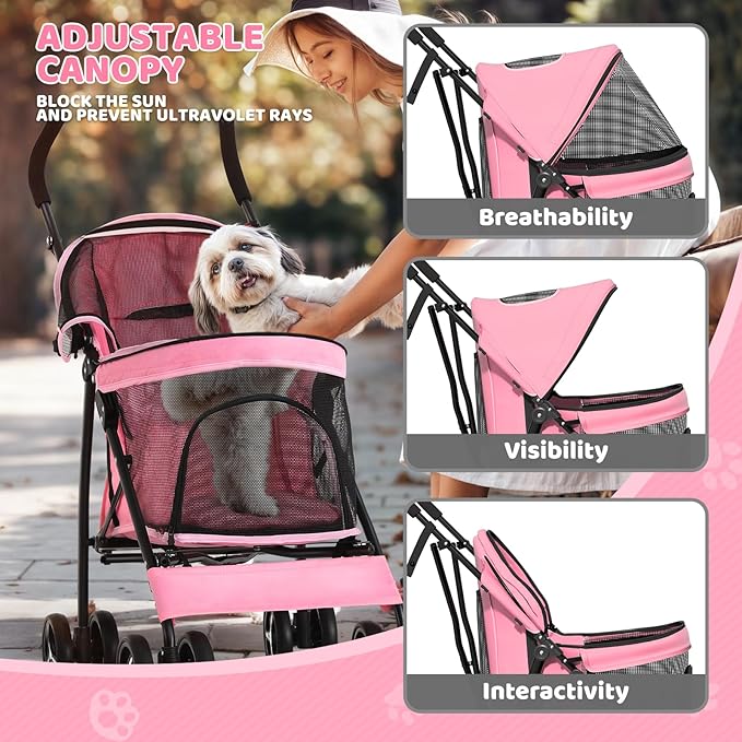 Magshion Compact Pet Stroller for Small-Medium Dogs/Cats up to 22lbs, 4-Wheel Lightweight Umbrella Shaped Portable Puppy Travel Jogger with Breathable Mesh & Rear Storage, Pink