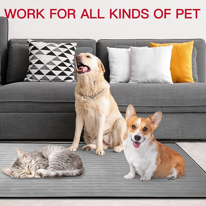 32" x 24" Large Pet Food Mat, Silicone Dog Mats for Food and Water, Nonslip Pet Feeding Mats for Floors,Dog Cat Bowl Mat with Raised Edges, Dark Green