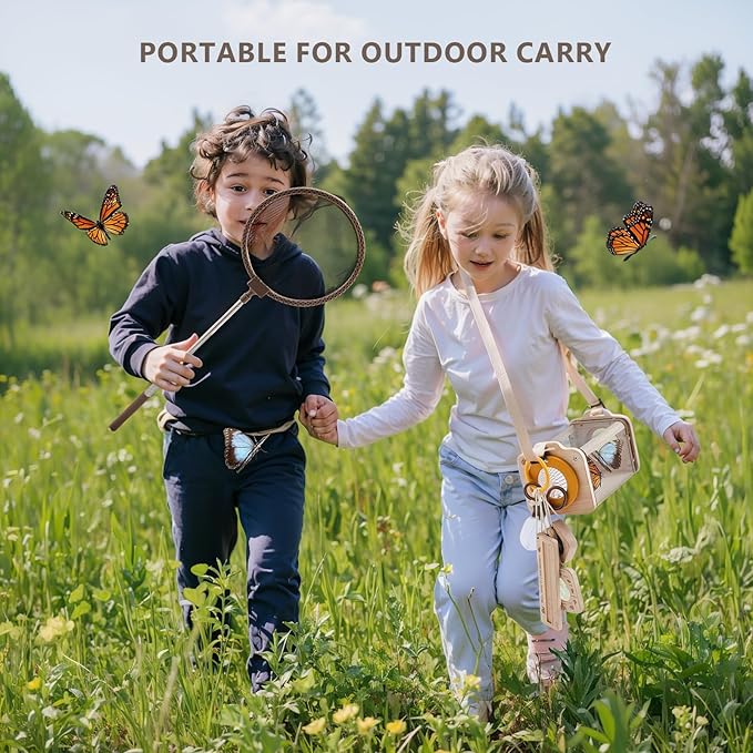 Wooden Bug Catcher for Kids, 8-in-1 Insect Exploration Set with Butterfly Net, Magnifying Glass, Bug Habitat, Tweezers, Compass,Outside Toys for Toddlers