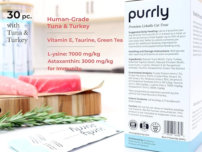 Purrly Lickable Cat Treat Healthy Human-Grade Tuna & Turkey with L-Lysine & Astaxanthin for Immunity (30 Count) Soft Healthy Low Calorie Hydrating Interactive Snack
