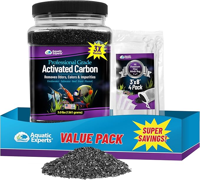 Premium Activated Carbon, Aquarium Carbon for Fish Tank Filter, Aquarium Filter Media, Granulated Charcoal for Fish Tanks, Activated Charcoal Bulk (3 lbs with 4 Fine Mesh Bags)