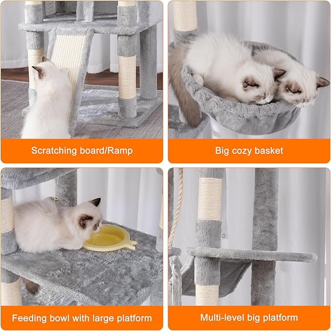 Heybly Tall Cat Tree, 78-inch Multi-Level Cat Tower for Indoor Cats, 2 Widened Plush Perches Cat Condo with Scratching Board and Big Caves, Light Gray HCT033W
